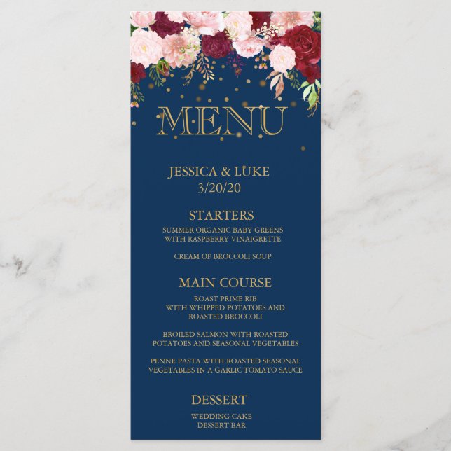 Boavy Burgundy Floral Wedding Gold Confetti Menükarte (Vorderseite)