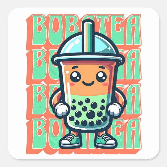 Boba Bubble Tea Kawaii Niedlicher Cartoon Quadratischer Aufkleber (Vorderseite)
