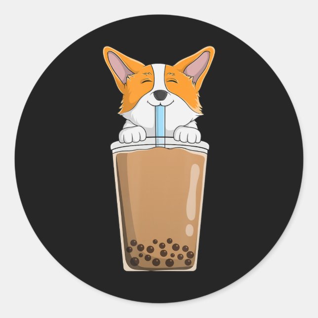 Boba Milk Tea Kawaii Corgi Puppy Japanese Anime St Runder Aufkleber (Vorderseite)