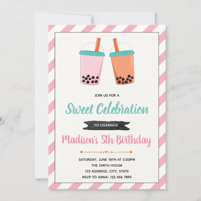 Boba Milktea Einladung zum Geburtstag (Vorderseite)