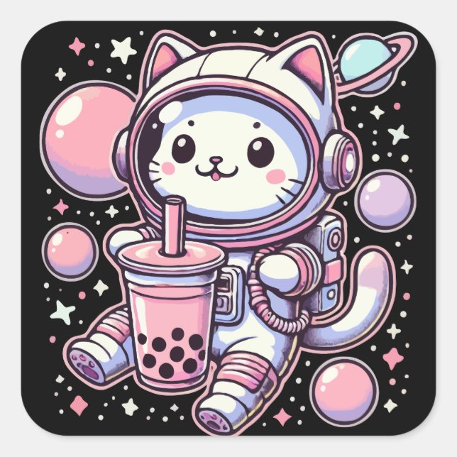 Boba Tee im Weltraum-Astronauten-Anime Quadratischer Aufkleber (Vorderseite)