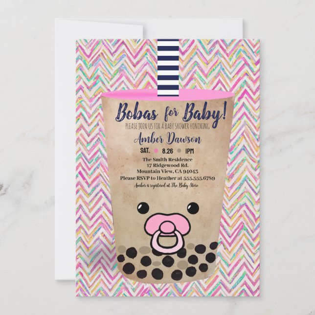 Bobas für Baby Pink Boba Tee Inspiriert Babydusche Einladung (Vorderseite)