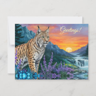 Bobcat / Lynx bei Sonnenaufgang durch Wasserfall Postkarte