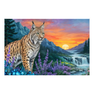 Bobcat/Lynx Cat Sonnenaufgang Wasserfalllandschaft Fotodruck