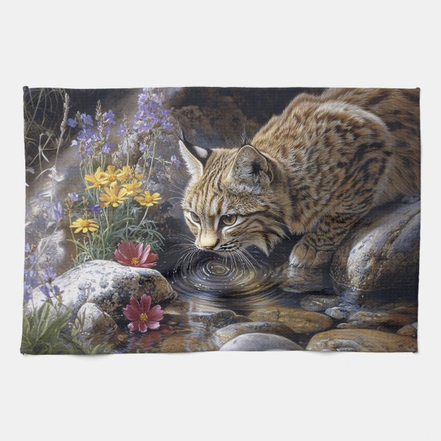 Bobcat mit Wildblumen Landschaftlich Art Geschirrtuch (Horizontal)