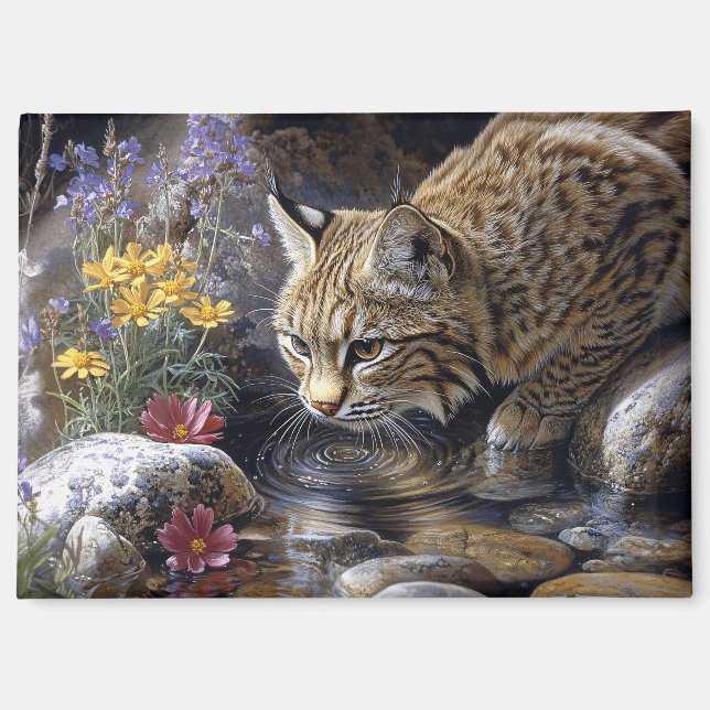 Bobcat mit Wildblumen Landschaftlich Art Magnet (Vorderseite)