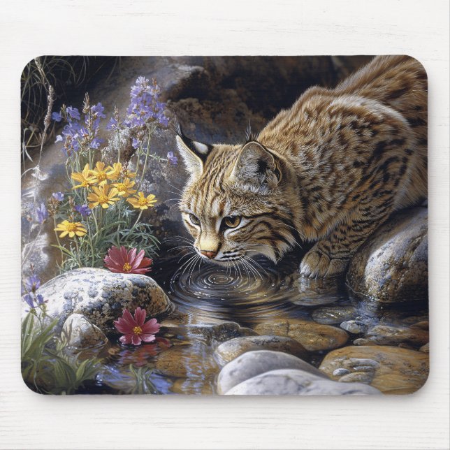 Bobcat mit Wildblumen Landschaftlich Art Mousepad (Vorne)