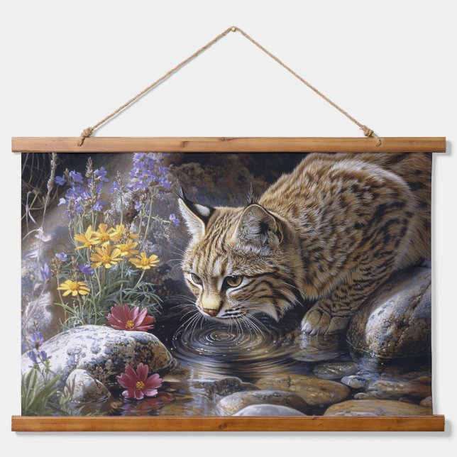 Bobcat mit Wildblumen Landschaftlich Art Wandteppich Mit Holzrahmen (Vorne)