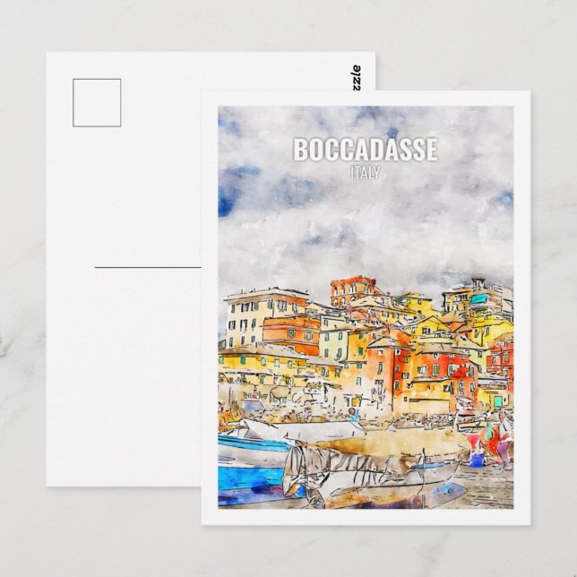 Boccadasse Italien Berühmter Platz Watercolor Postkarte (Vorne/Hinten)