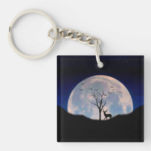 Bock mit großem Geweih gegen Vollmond Schlüsselanhänger