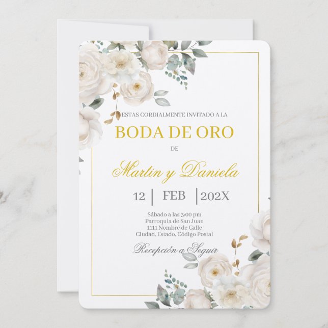 Boda de oro con flor blanca einladung (Vorderseite)