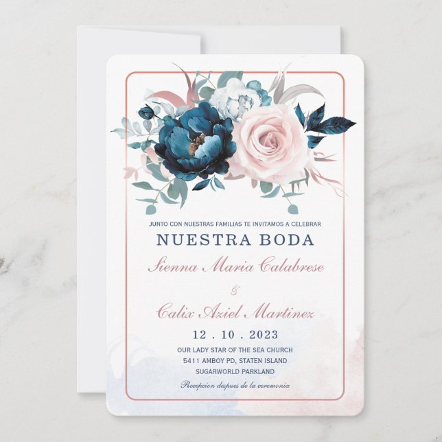Boda en oro rosa y azul marino einladung (Vorderseite)