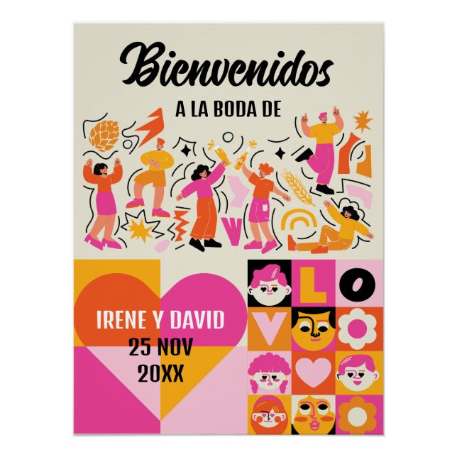 Boda Festivalera Retro Naranja Rosa Bienvenida Poster (Vorderseite)