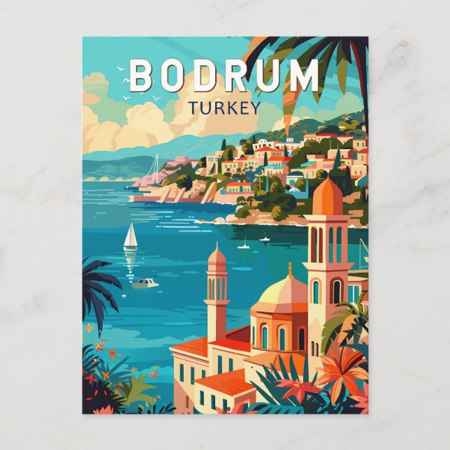 Bodrum Turkey Reisen Art Vintag Postkarte (Vorderseite)