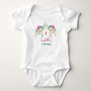 Body 1er Anniversaire Papillons et Fleurs Bleus Rose