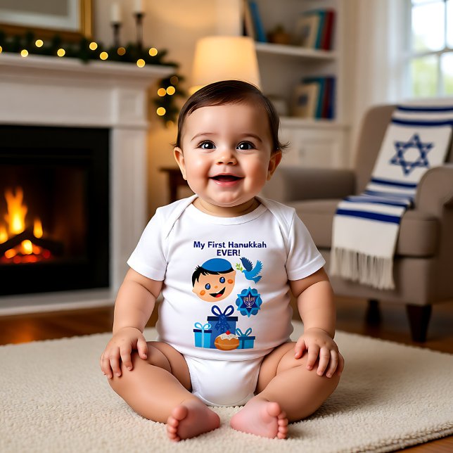 Body 👶 🍩 1er Hanoukka pour bébé - avec un bébé juif h (Baby's 1st Hanukkah - with happy Jewish baby Baby Bodysuit)