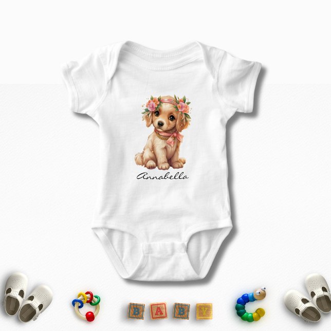 Body Aquarelle de chiot Golden Retriever Cute Nom perso (Golden Retriever Puppy Bodysuit with Custom Name - Adorable Dog Lover Baby Apparel)