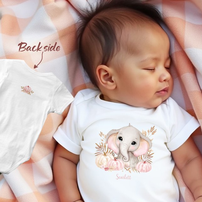 Body Automne Fille Eléphant rose Nom personnalisé (Fall Girl Elephant Pink Custom Name Baby Bodysuit)