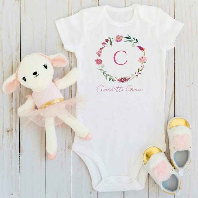 Body Baby Girl Monogramme Aquarelle rose Floral (Baby Bodysuit)