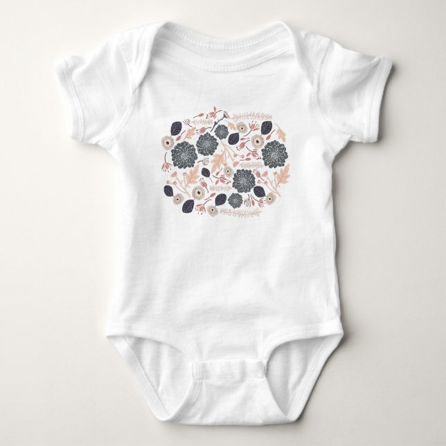 Body Bébé à motif floral gris élégant et pêche (Devant)