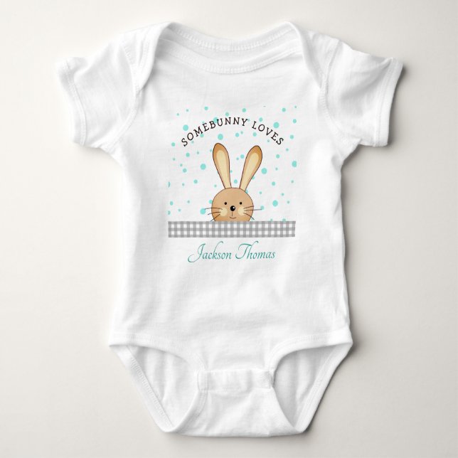 Body Bébé Garçon mignon lapin amour Turquoise/gris pers (Devant)