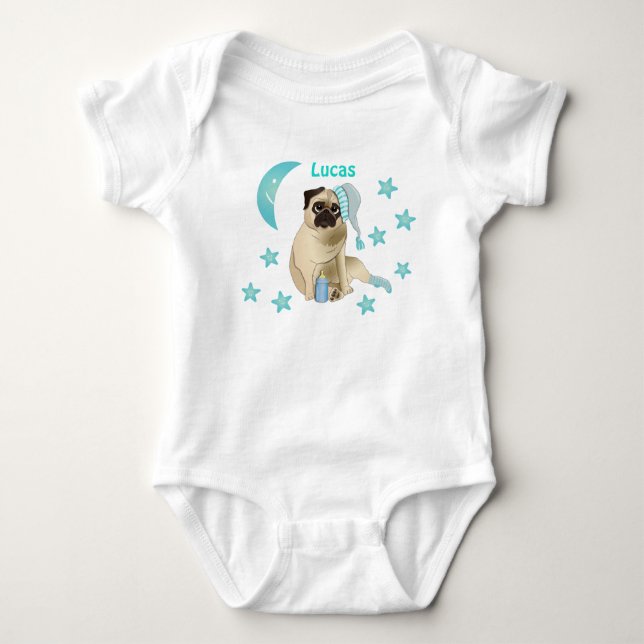 Body Bébé mignon Carlin Aquarelle bleu doux étoiles (Devant)