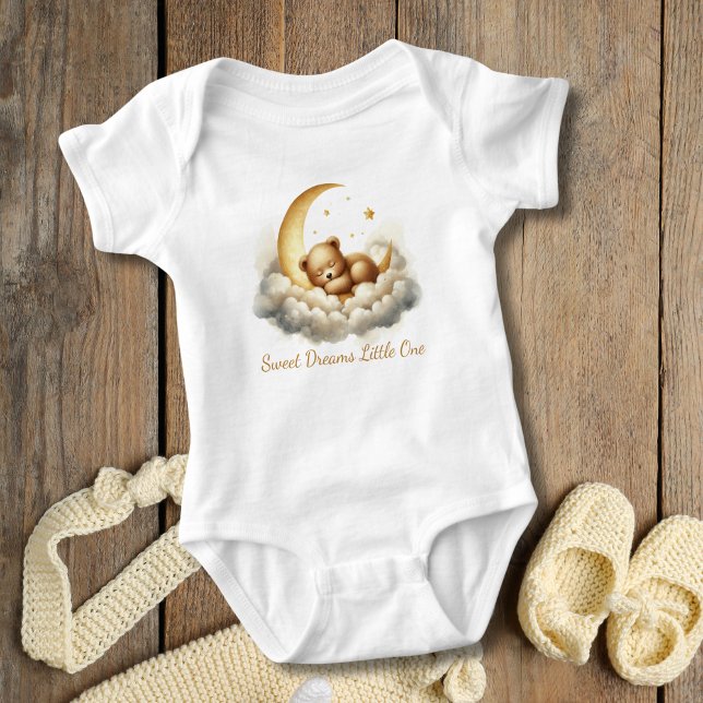 Body Bébé Ours dormir dans la lune Nuage Baby shower Ca (Sleeping Baby Bear on Cloud and Crescent moon. Gold White. Baby Shower Gift, Gift for new baby)