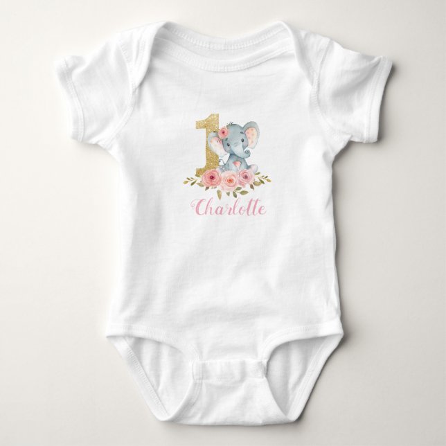 Body Blush Floral Cute Baby Elephant 1er anniversaire (Devant)