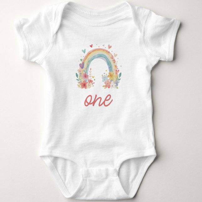 Body Boho Rainbow Floral Pastel "One" Premier Anniversa (boho one shirt, pastel first birthday, floral rainbow outfit, baby girl birthday, cake smash outfit)