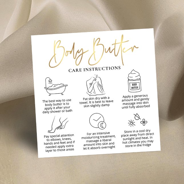 Body Butter Application Guide White & Gold Logo Quadratische Visitenkarte (Whipped body butter application guide cards with icons and faux gold foil effects)