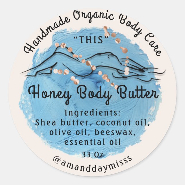 Body Butter Balm Care Verpackung Rose blau Runder Aufkleber (Vorderseite)