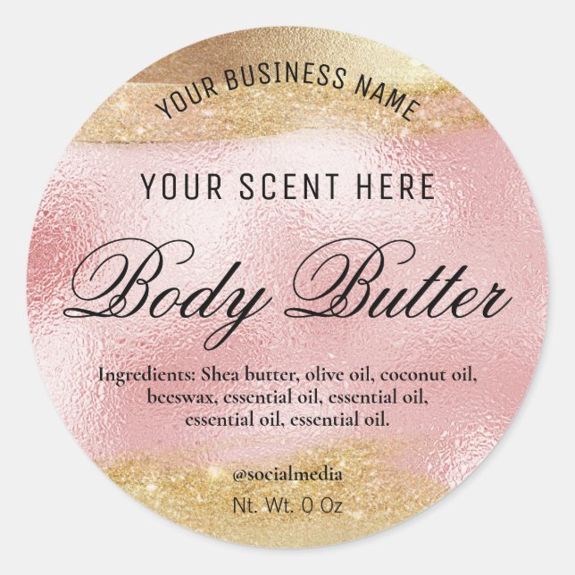 Body Butter Etiketten rosa mit Goldfarben Runder Aufkleber (Vorderseite)