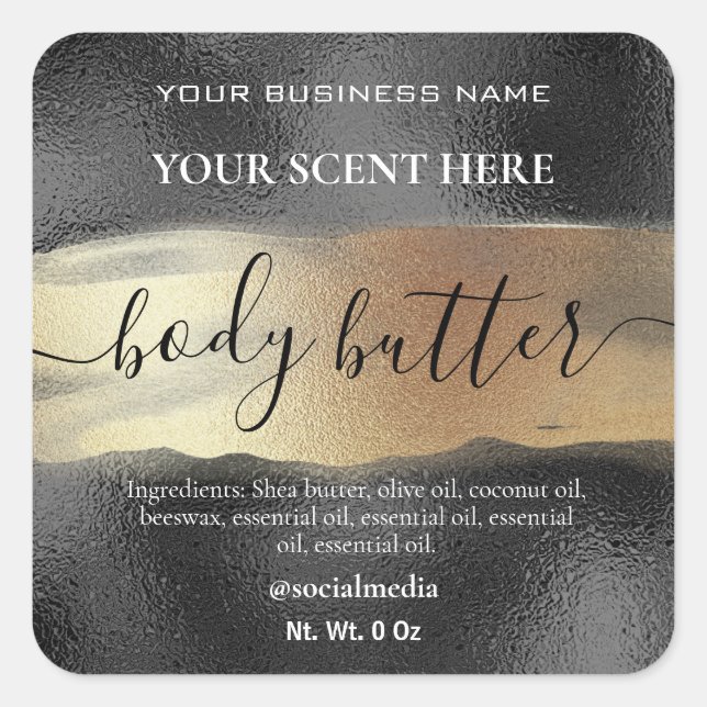 Body Butter Etiketten schwarz mit Gold Tinte Quadratischer Aufkleber (Vorderseite)