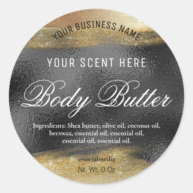 Body Butter Etiketten schwarz mit Gold Tinte Runder Aufkleber (Vorderseite)