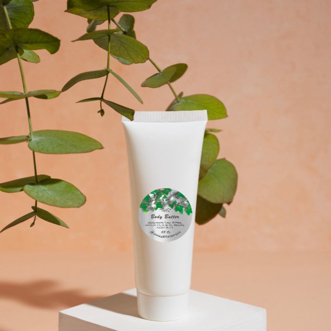 Body Butter Verpackung Grünes Holz Grau Runder Aufkleber (Body Butter Product Packaging Green Woodland Gray Classic Round Sticker)