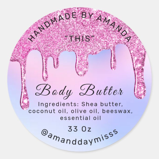 Body Butter Verpackung Rosa Tropfen Holografisch w Runder Aufkleber (Vorderseite)