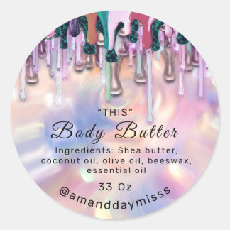 Body Butter Verpackung Rose Tropfen Holograph Pink Runder Aufkleber