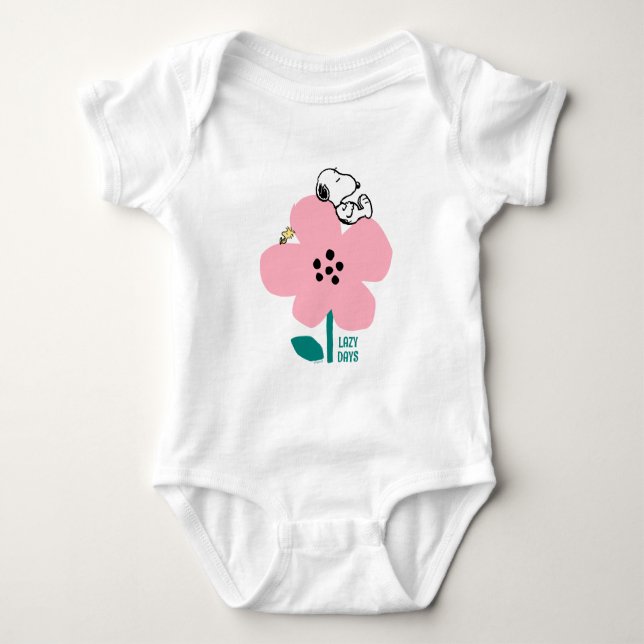 Body cacahuètes | Snoopy & Woodstock Nap sur Fleur rose (Devant)