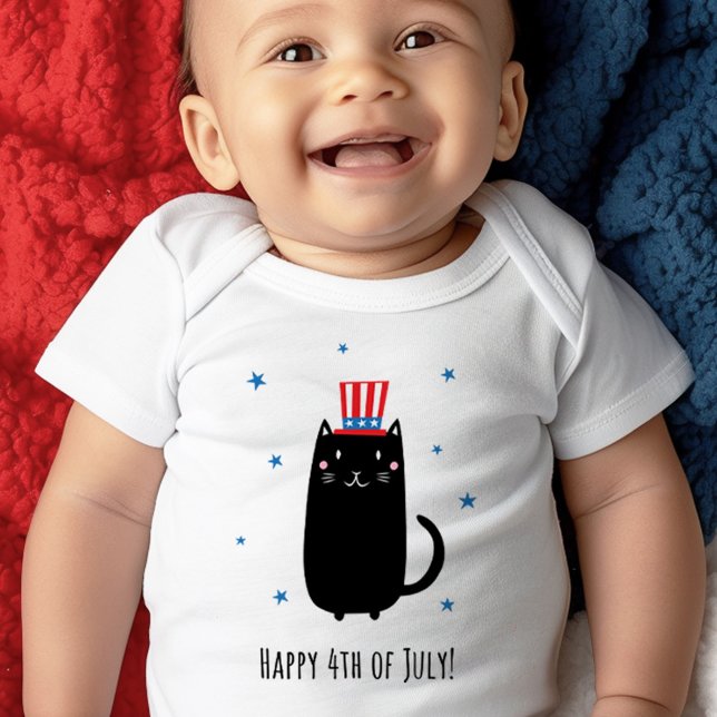 Body Chat portant un casquette patriotique, Happy 4 jui (Cat wearing a patriotic hat, Happy 4th of July Baby Bodysuit)