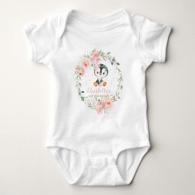 Body Cute Penguin Blush Floral 1er Anniversaire (Devant)