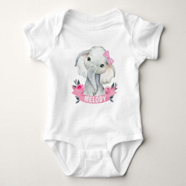 Body Eléphant rose fille avec nom personnalisé Roses (Devant)