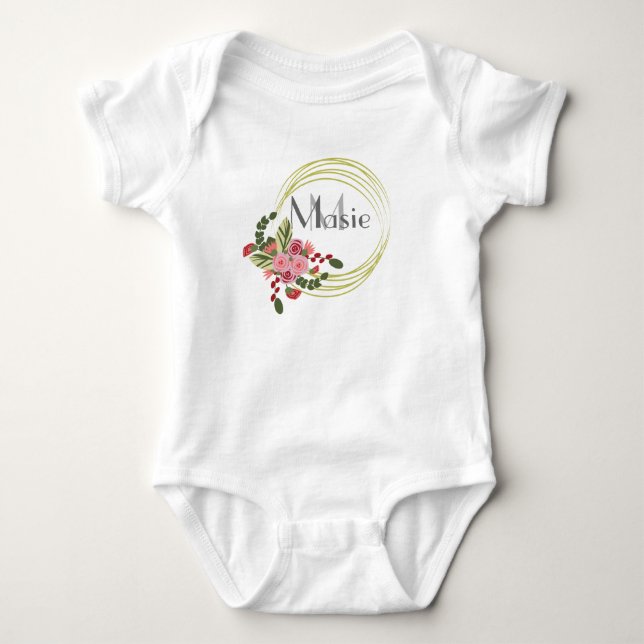 Body Fleur Rose Wreath Nom personnalisé Bébé Bodysuit (Devant)