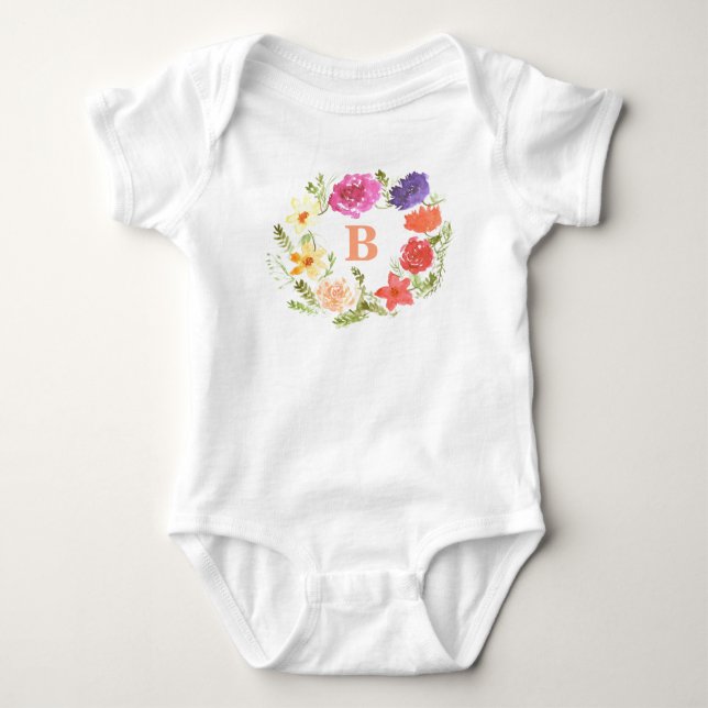 Body Fleur sauvage rose fille bébé Monogramme initial (Devant)