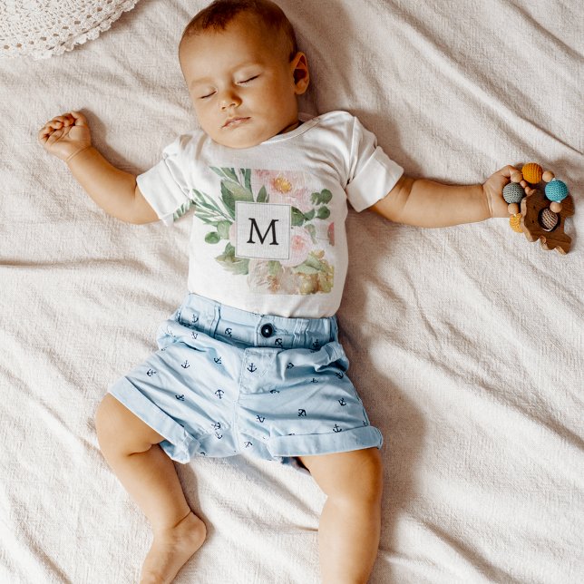 Body Fleurs roses aquarelles modernes monogrammées  (Créateur téléchargé)