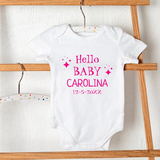 Body Hot Pink|Hello Baby|Nom de l'enfant|DOB (Add sparkle to your child's bodysuit with their name and DOB. Order now.)