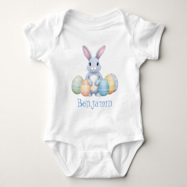 Body Joli Lapin Gris avec des Œufs de Pâques Nom Blanc (Devant)
