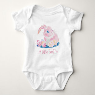 Body Lapin Rose Avec Oeufs De Pâques Fille Nom Blanc