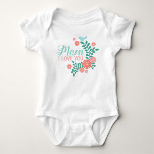 Body Maman je t'aime texte, oiseau bleu, fleurs roses
