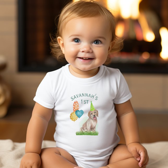 Body Marionnette Labrador Fille d'anniversaire Personna (Puppy Labrador Birthday Girl Personalized First Baby Bodysuit)