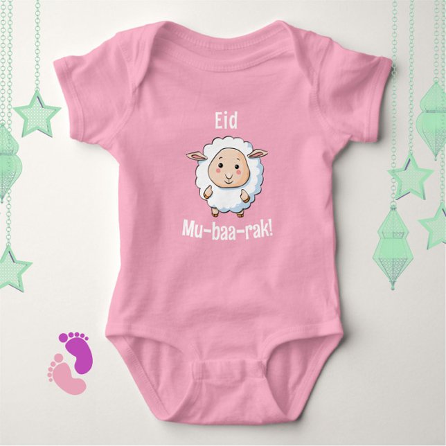 Body Mignonne "Aïd Moubarak" Cheep Pink Baby Girl Bodys (A cute, funny baby bodysuit for Eid! A cartoon sheep wishes you "Eid Mu-baa-rak!")